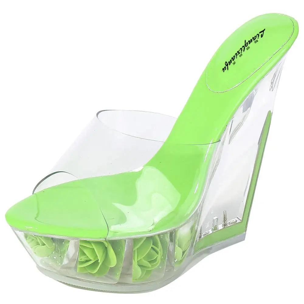 Crystal Slippers 14cm wedges Sandals Flowers Platform shoes woman