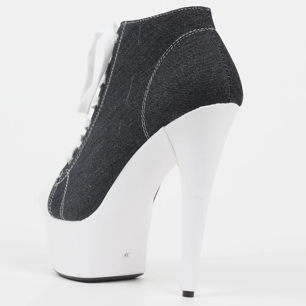 15CM High Spike Heels Platform Denim Sexy Cross-tied Dance Club Shoes