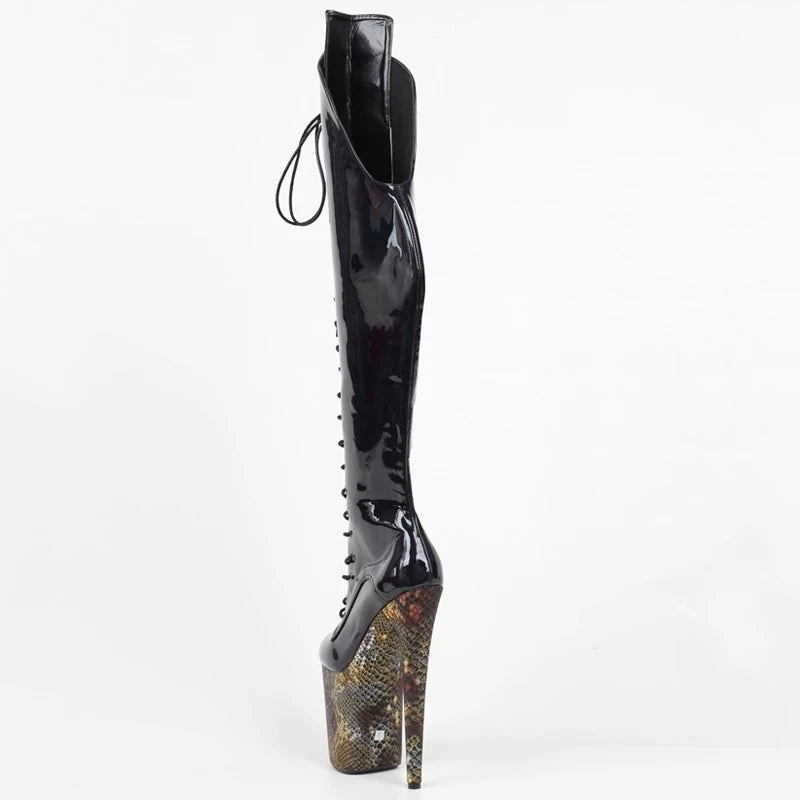 Women Knee-high Boots Side Zipper Cross Tied Stiletto Heel Dance Shoes