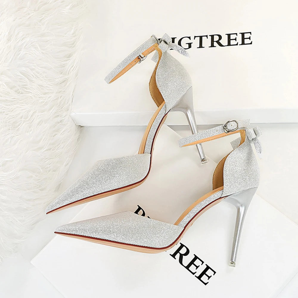 New High Heels Shallow Mouth Pointed Toe Hollow Bow Sandals Wedding Shoes