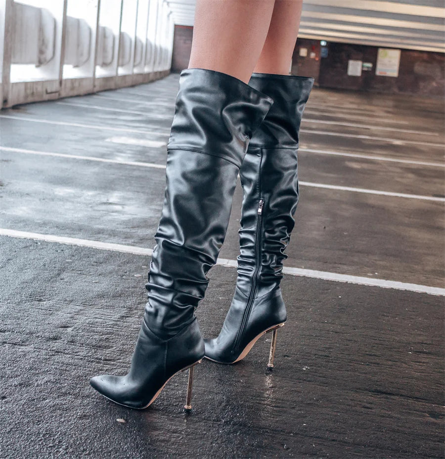 Pointed Toe Metal heel Black Matte Side Zip  Knee High Boots