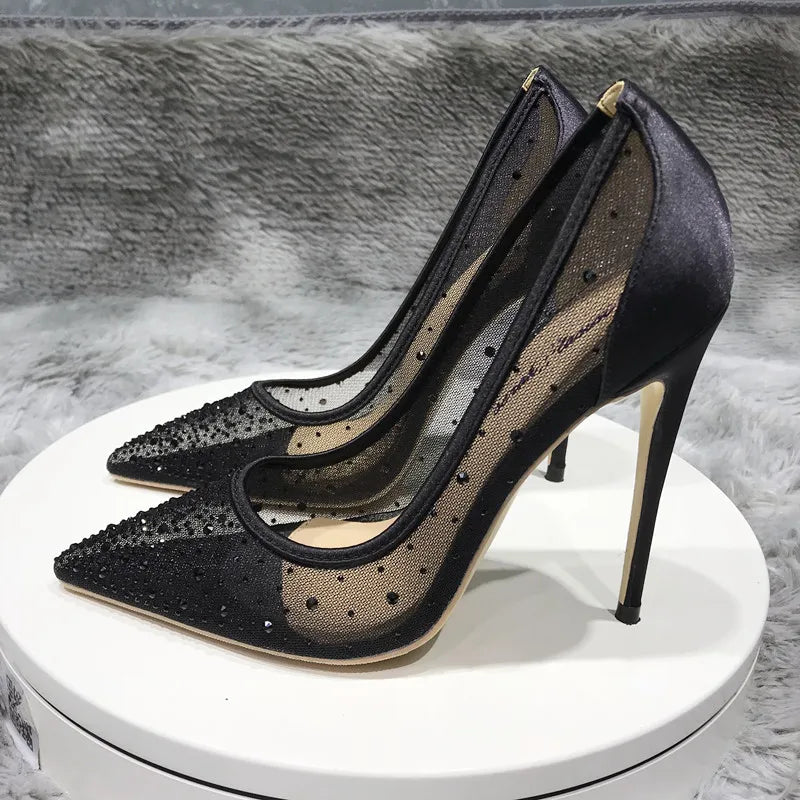 Rhinestones Women Patchwork Black Satin Gauze Pointy Toe High Heel Party Shoes