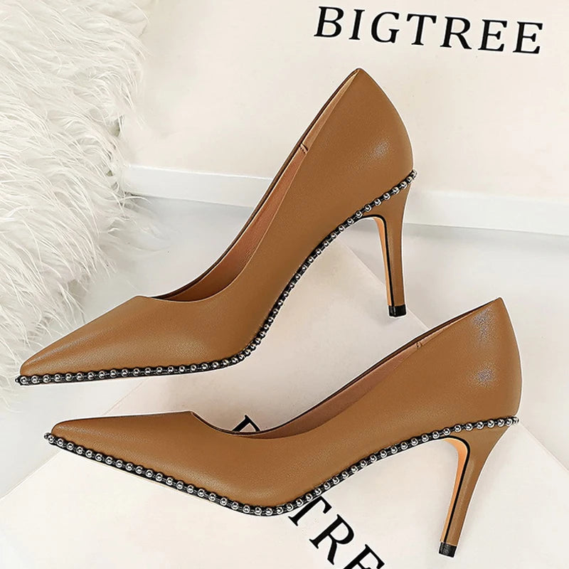 Sexy Rivets String Bead Women Pumps Pu Leather Shoes High Heels Office Shoes