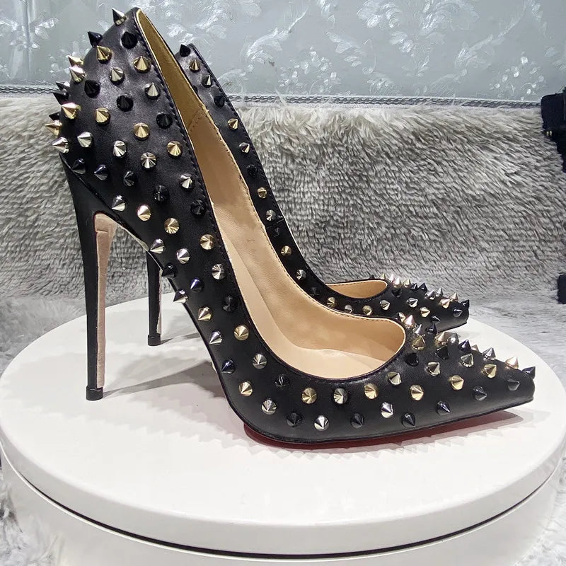 12cm Women's pointed Contrast rivet high heels