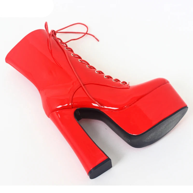 Women Sexy Ankle Boots 15CM Extreme High Chunky Heel Platform Round toe Lace up Ladies  Boots