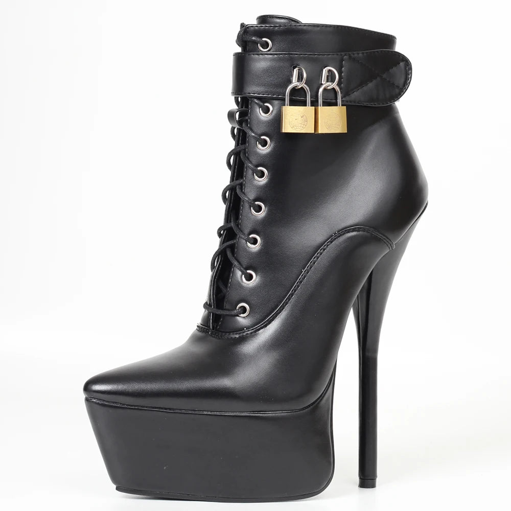 Sexy Women Ankle Boots Super High Heel Platform Lockable Straps Cross-tied Pointed toe Boots