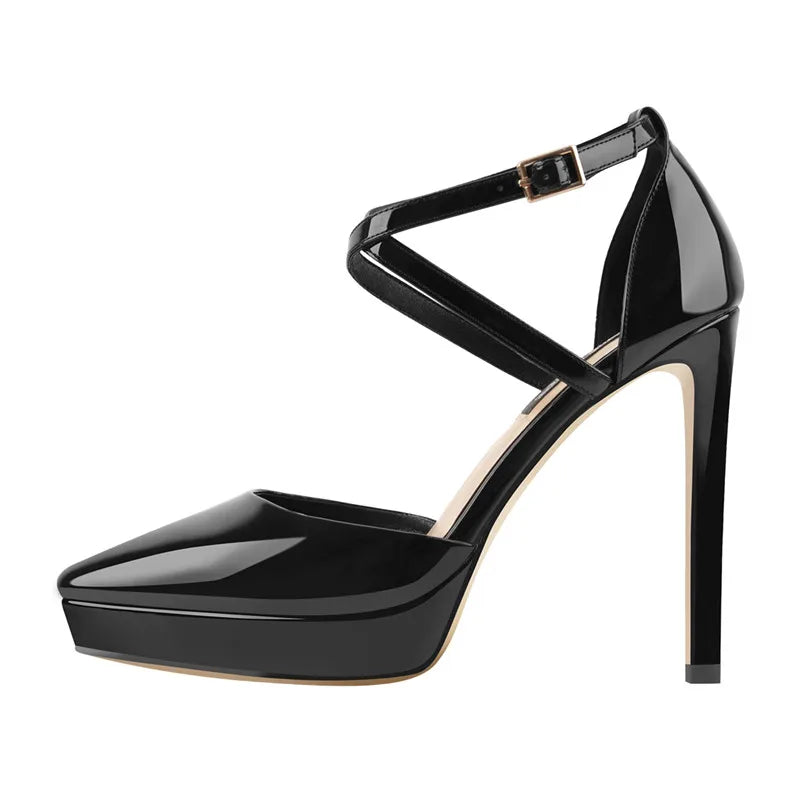 Women Pointed Toe Black Patent Leather Platform   Thin High Heels