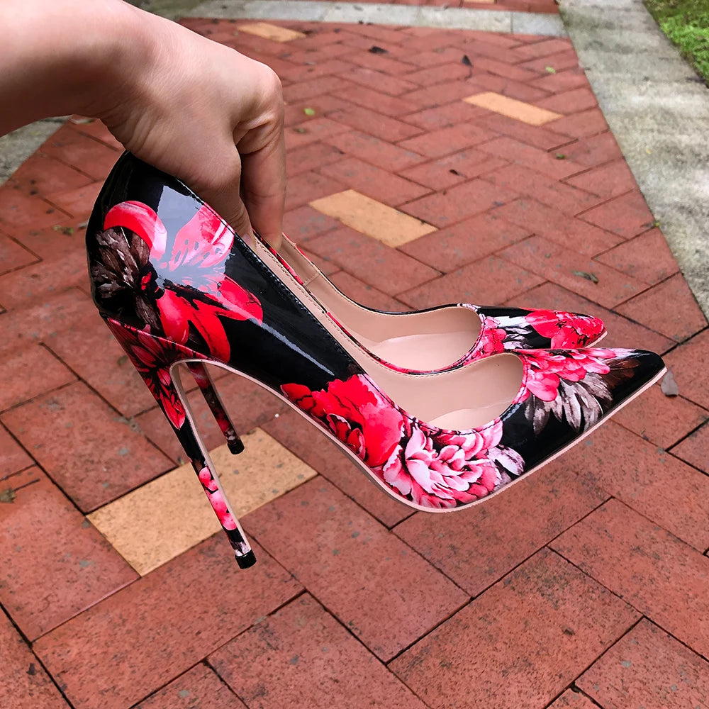 Women Gloossy Floral Printed Pointed Toe High Heels