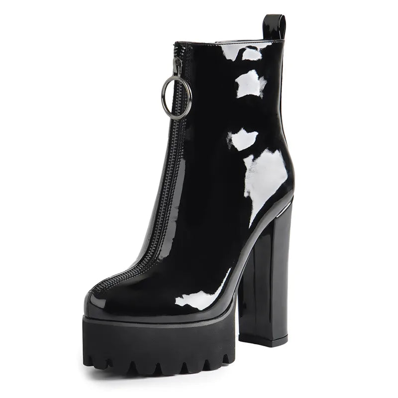 Patent Leather Ankle Boots Platform  Thick High Heel Zipper For Women