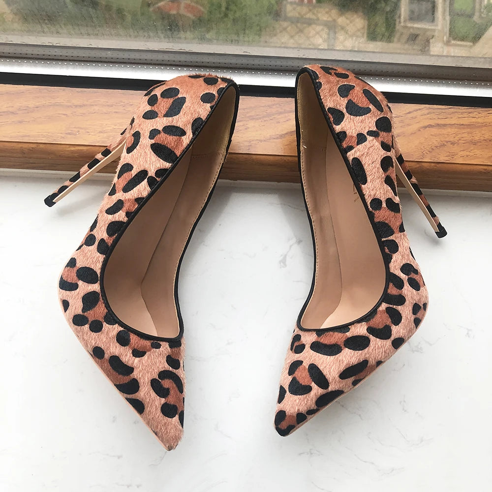 Women Leopard Haircalf Pointy Toe High Heel Party Shoes