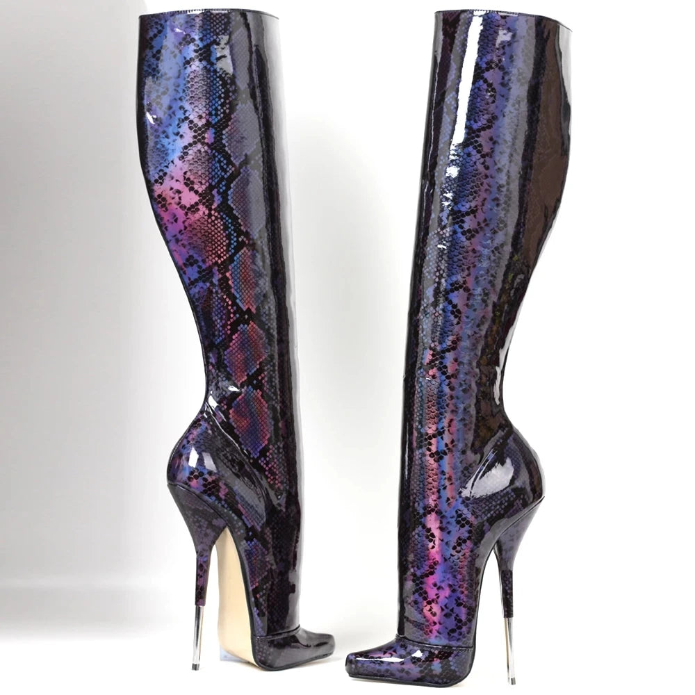 18CM Super High Heel Women Sexy Leopard Print Metal Thin Heels  Knee-high Boots