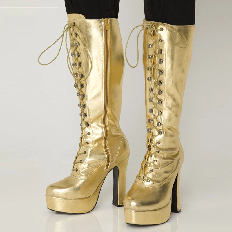 12CM High Heel Boots Women Knee-High PU Leather Platform Round Toe Cross-tied Thick Heel Boots