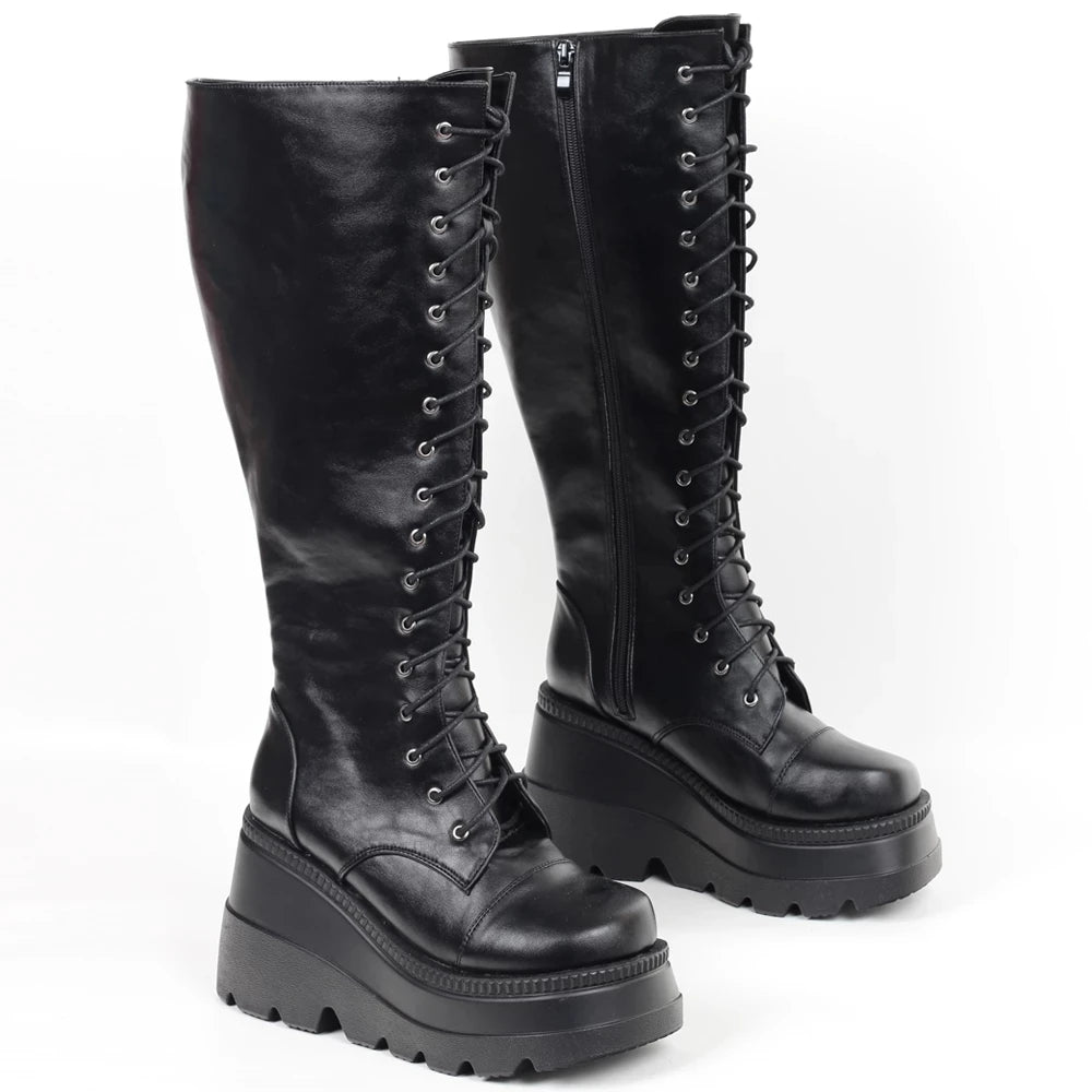 New Punk Style 11CM High Wedge Heel Platform Knee-High Martin Boots