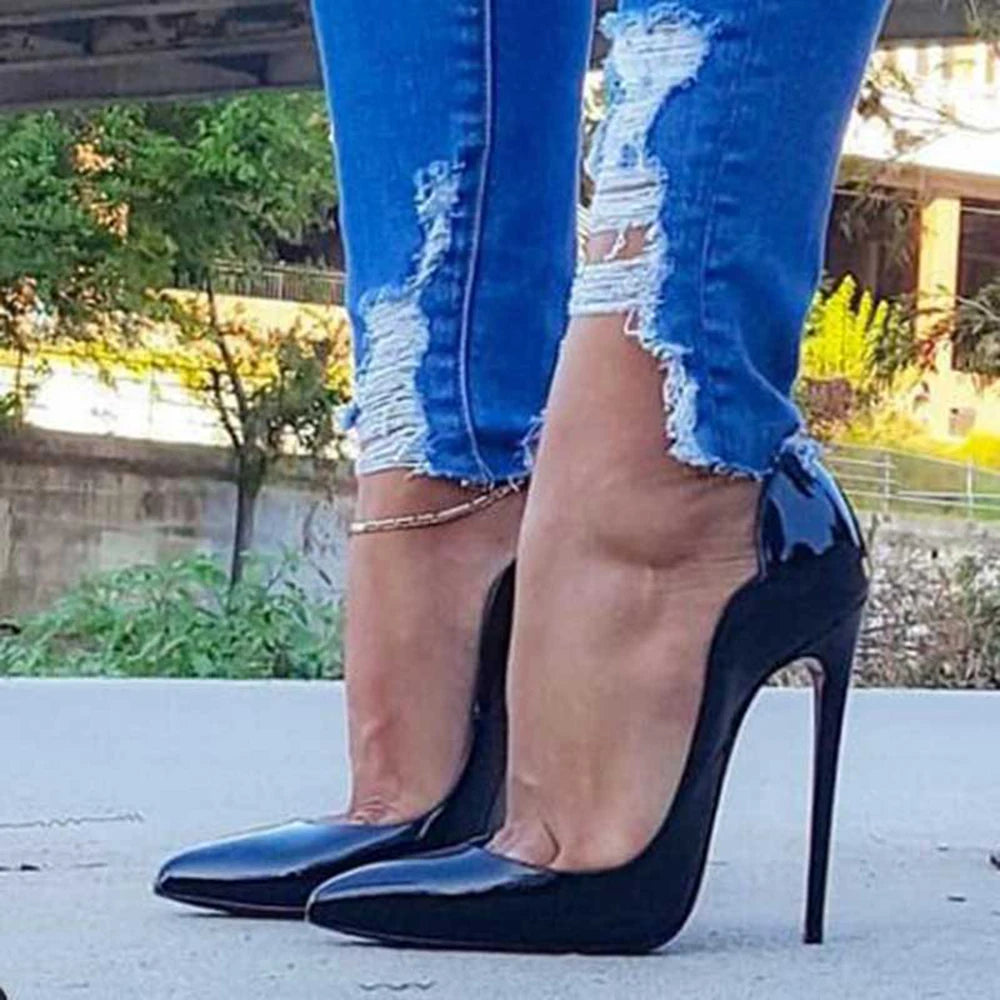 Curl Cut Women Solid Black Patent Pointy Toe High Heel Shoes