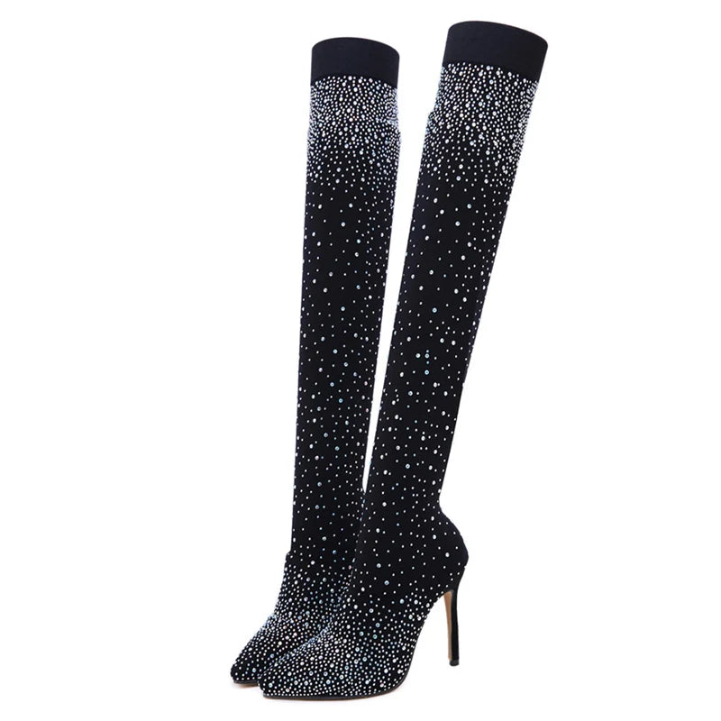 Sexy Thigh Women's High Boots Fashion Crystal Stretch Fabric Sock Boots