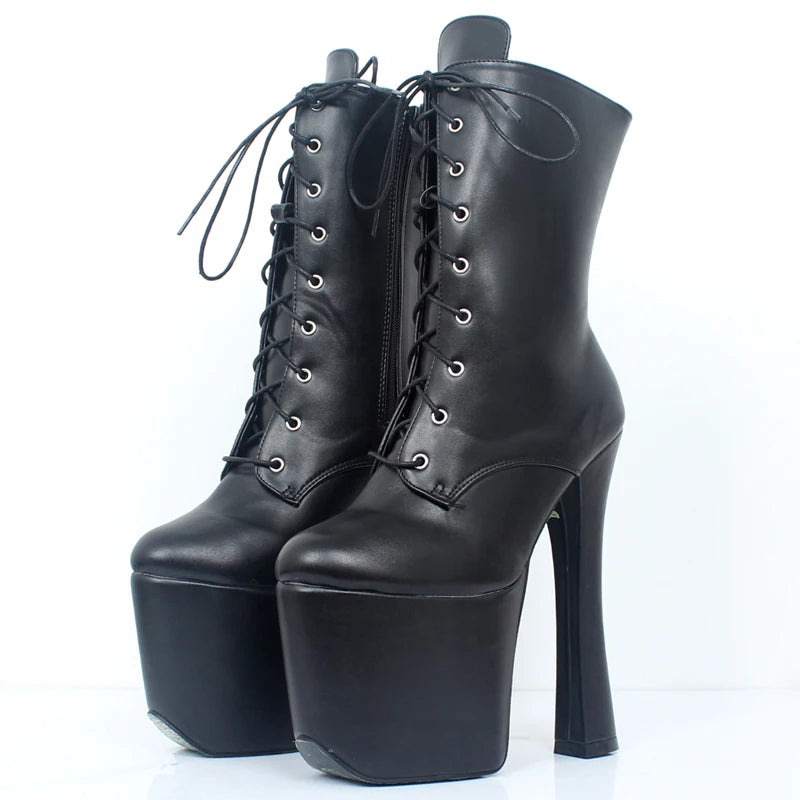 Ankle Boots 20CM Super High Heel Platform Chunky Thick Heels Cross-tied Round toe Boots