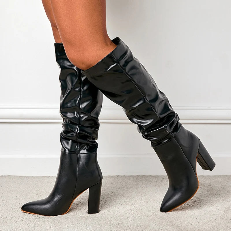 New Black White Knee High Boots Women Fashion Pleated Designer Heels