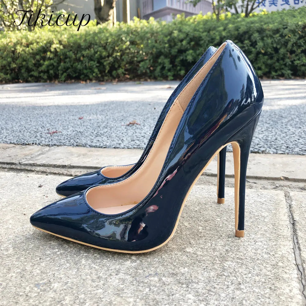 Women Navy Blue Patent Pumps Low Cut Pointy Toe Stilettos