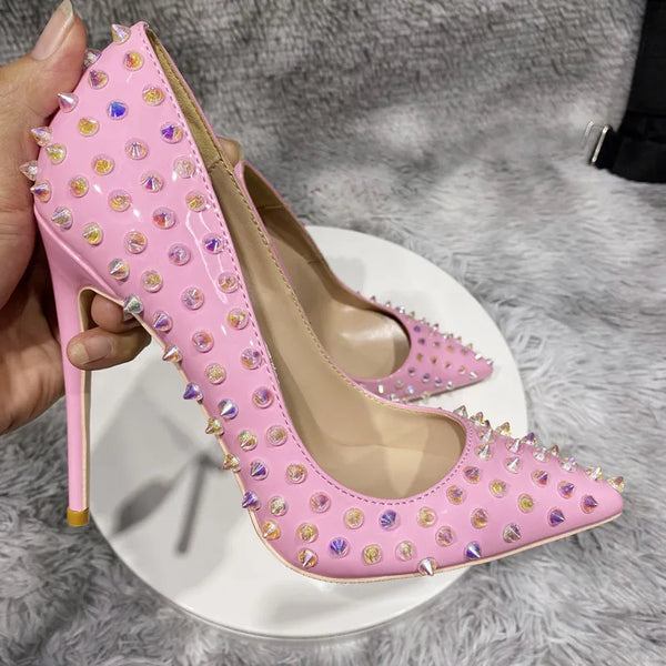 Rivet heels Pink women's pointed high heels