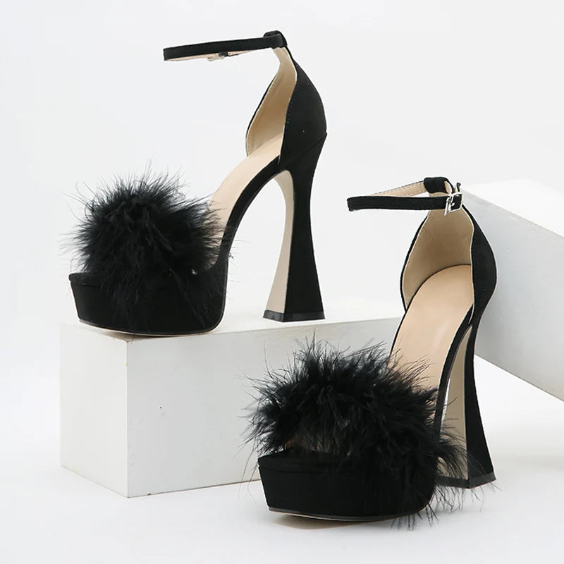 Fashion Pink Feather Fluffy High Heels Platform Sandals Women