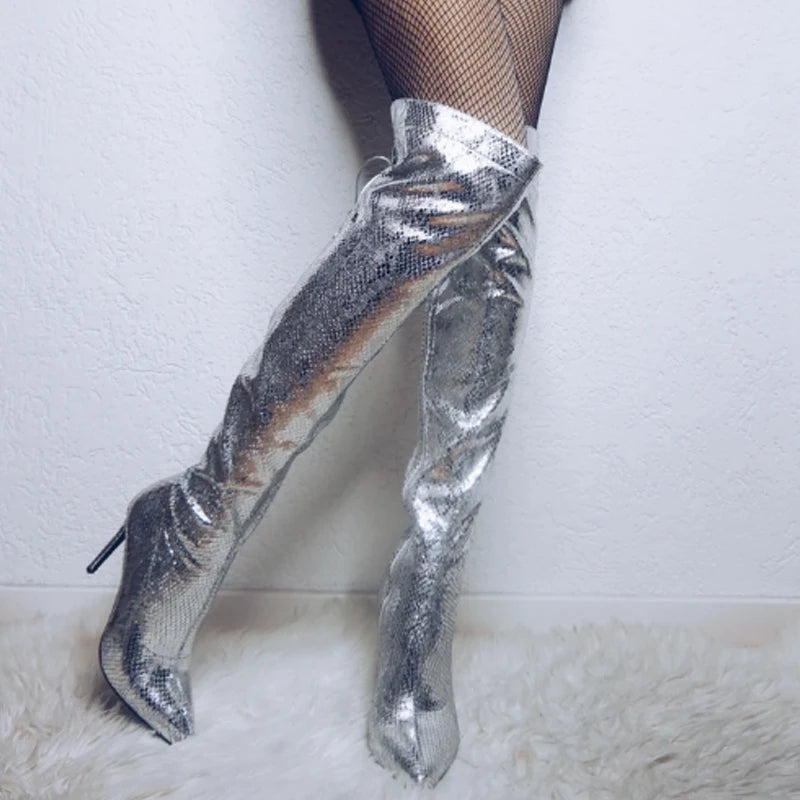 Pointed Toe Metallic Silver Over the Knee Boots Thin High Heel  Slim Heel