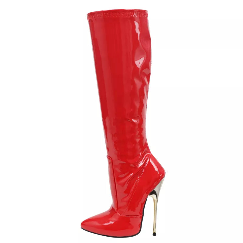 Women Knee-high Boots 14CM Super High Heel Pointed toe Zip Red PU Leather Boots