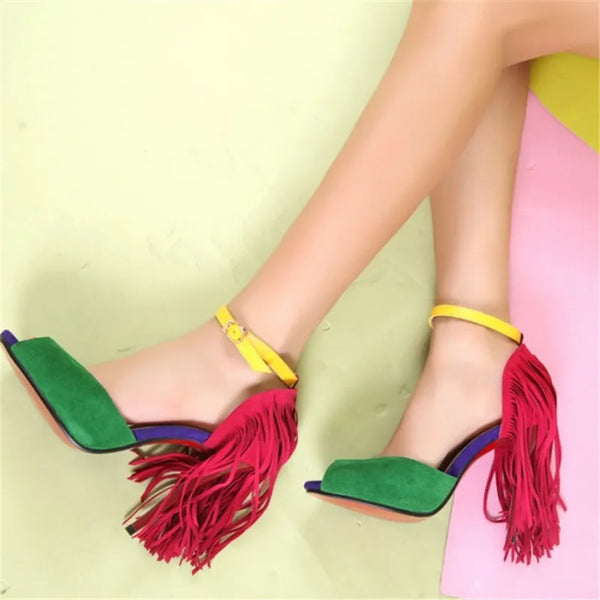 Women Peep Toe Fringe Decoration 10CM High Heel