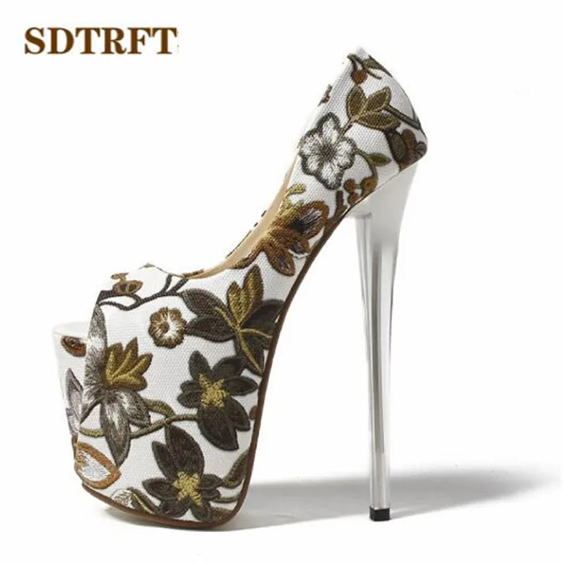 Luxurious Sandals Floral Print zapatos mujer T-strap Stilettos 20cm Thin High-Heeled shoes