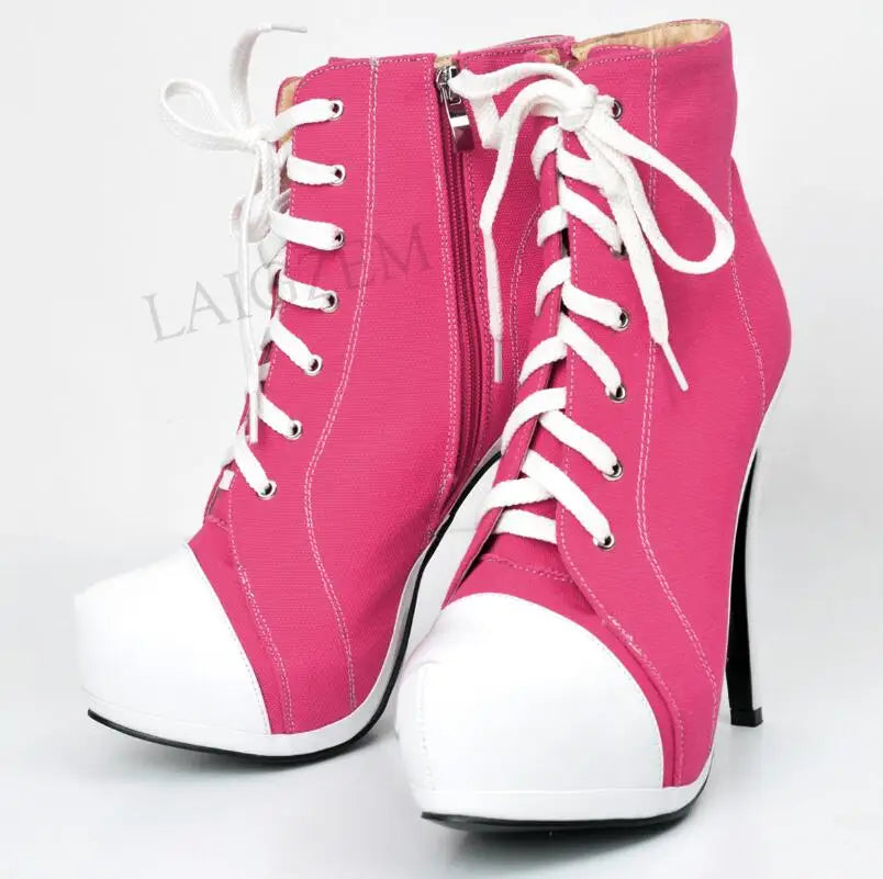 Canvas Botines Mujer Women Platform Booties High Heel Side Zip Short Ankle Boots