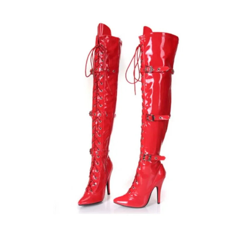 Plus:34-45 sexy botas mujer over-the-knee boots buckle lacing 12cm heels boots