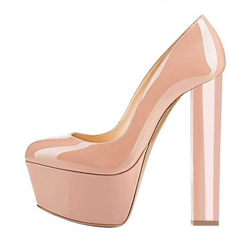 Women Heels Platform Round Toe Chunky High Heels