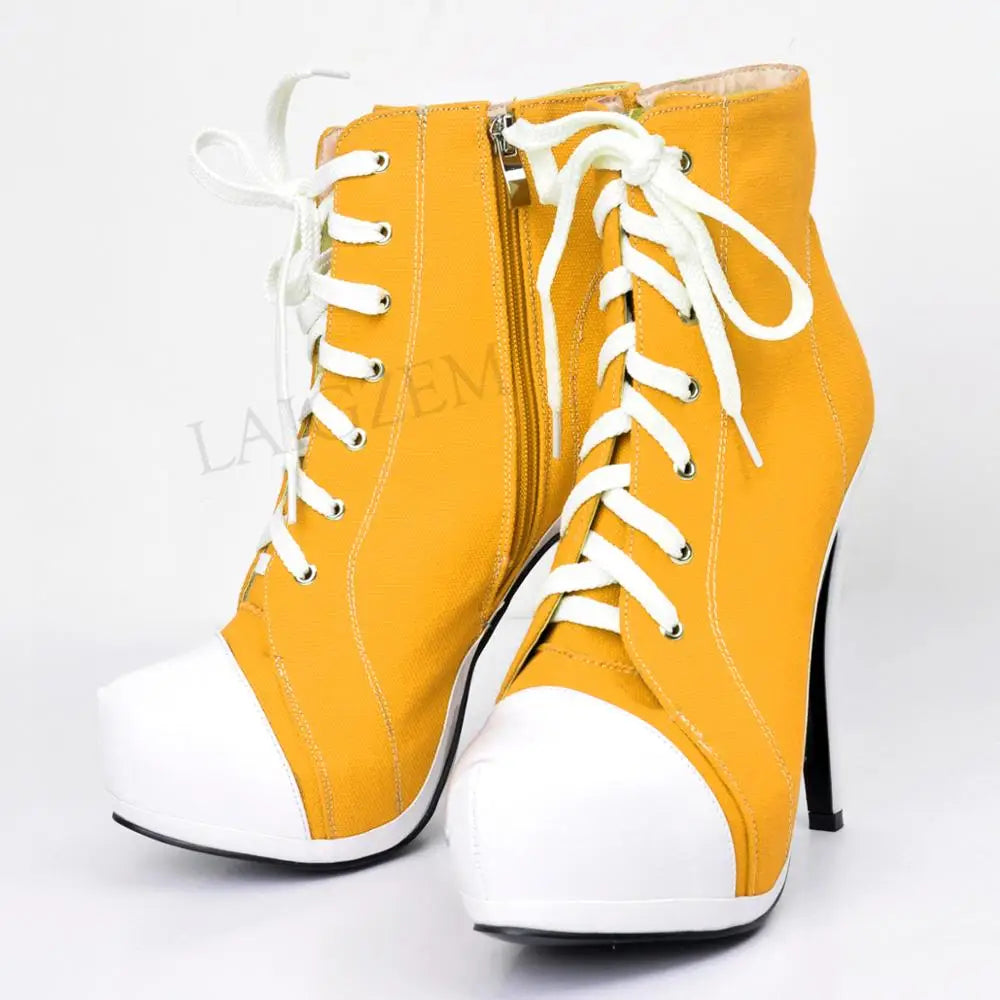 Canvas Botines Mujer Women Platform Booties High Heel Side Zip Short Ankle Boots