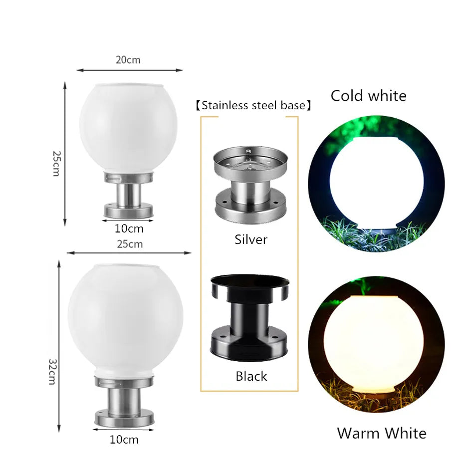 LED Round Ball Stainless Steel Solar Post Lamp Outdoor IP65 Waterproof Column Head Light