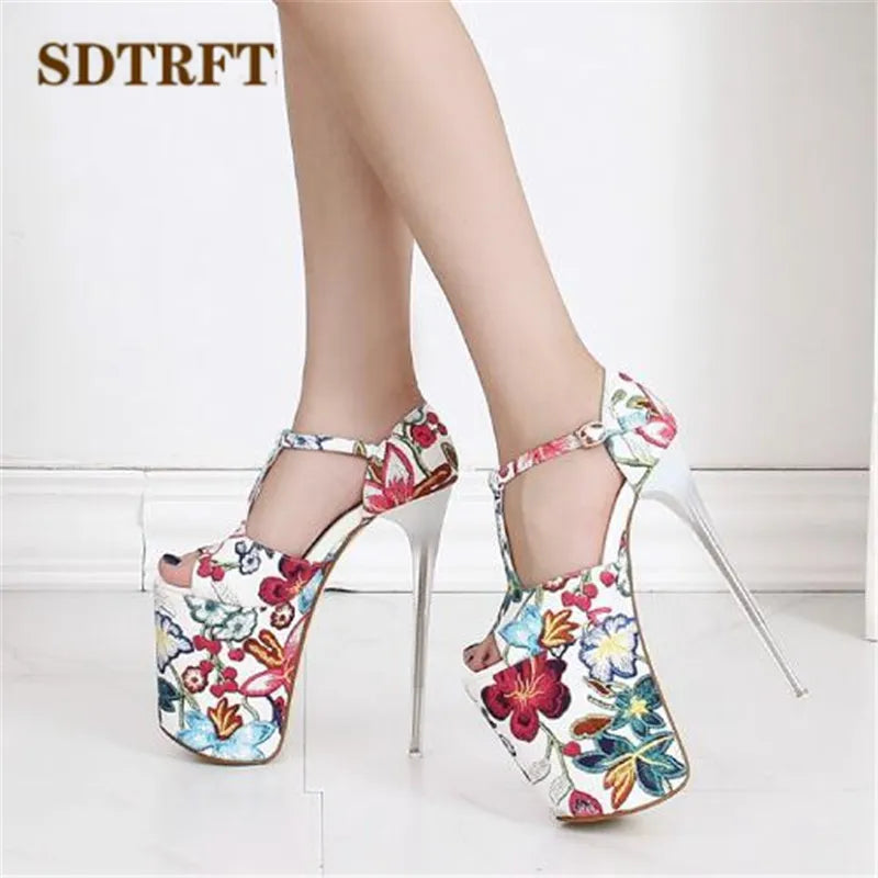 Luxurious Sandals Floral Print zapatos mujer T-strap Stilettos 20cm Thin High-Heeled shoes