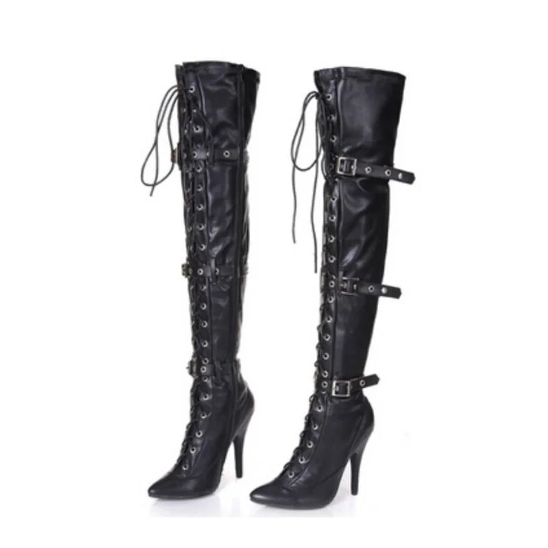 Plus:34-45 sexy botas mujer over-the-knee boots buckle lacing 12cm heels boots