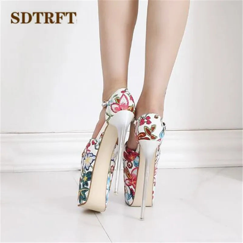 Luxurious Sandals Floral Print zapatos mujer T-strap Stilettos 20cm Thin High-Heeled shoes