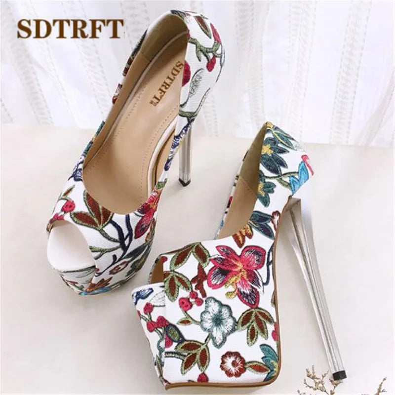 Luxurious Sandals Floral Print zapatos mujer T-strap Stilettos 20cm Thin High-Heeled shoes