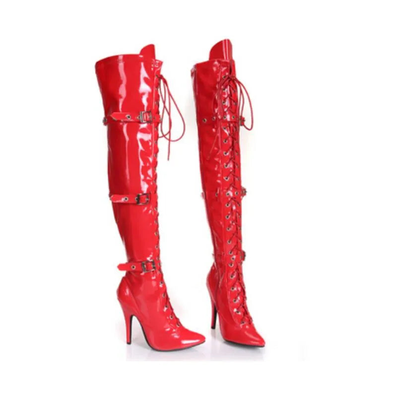 Plus:34-45 sexy botas mujer over-the-knee boots buckle lacing 12cm heels boots