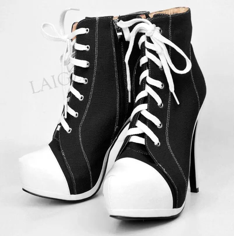 Canvas Botines Mujer Women Platform Booties High Heel Side Zip Short Ankle Boots