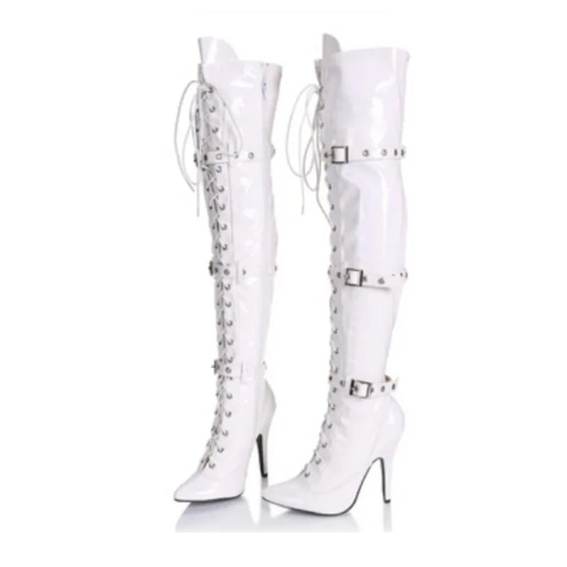 Plus:34-45 sexy botas mujer over-the-knee boots buckle lacing 12cm heels boots