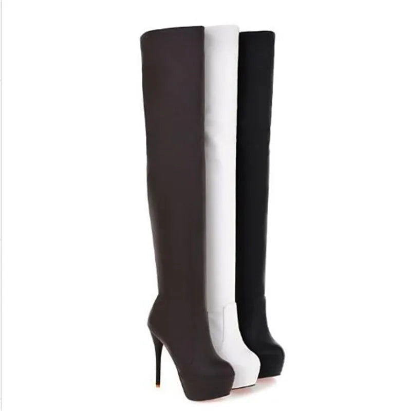 Plus:34-42 43 Round Toe Pumps Women Motorcycle Botas Mujer Over-The-Knee Long Boots