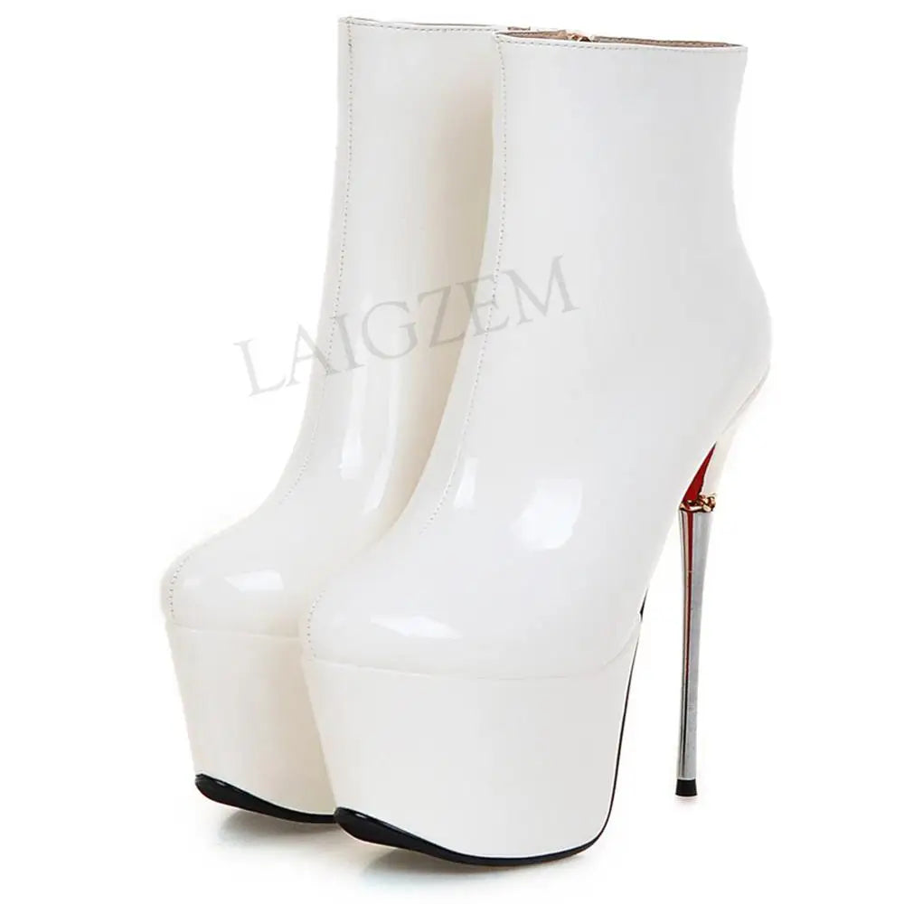 FASHION Women Ankle Booties Waterproof Metal Stiletto Heel Zip Shiny Boots