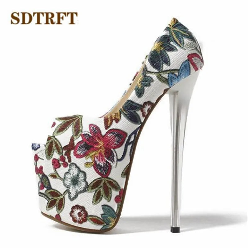 Luxurious Sandals Floral Print zapatos mujer T-strap Stilettos 20cm Thin High-Heeled shoes