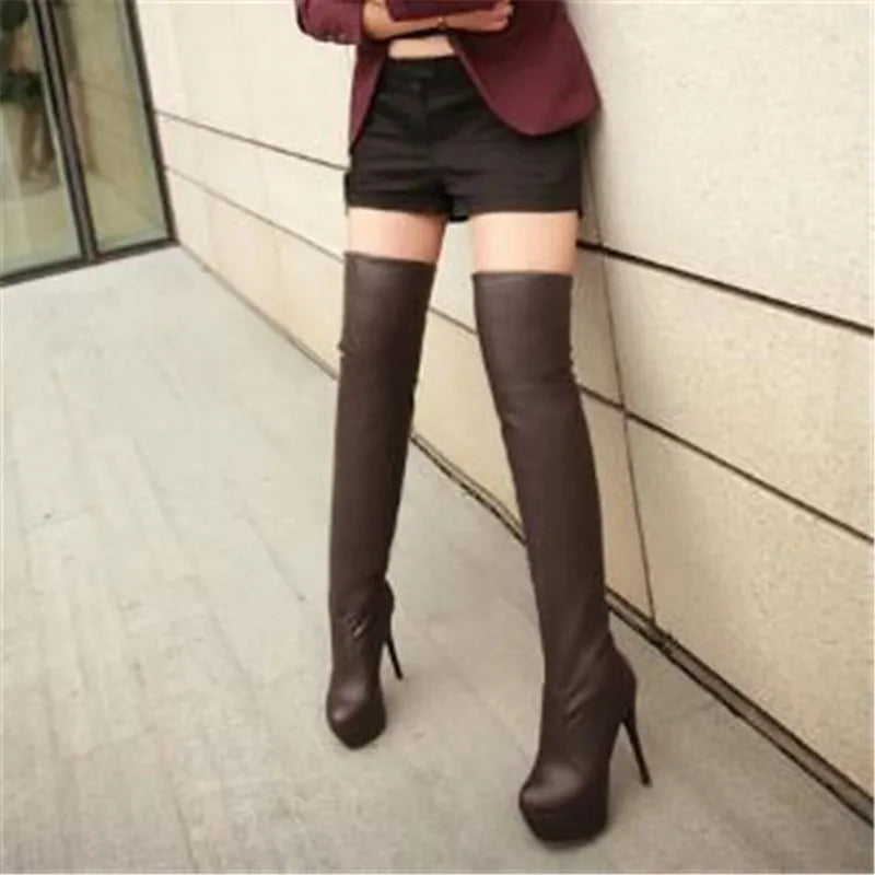 Plus:34-42 43 Round Toe Pumps Women Motorcycle Botas Mujer Over-The-Knee Long Boots