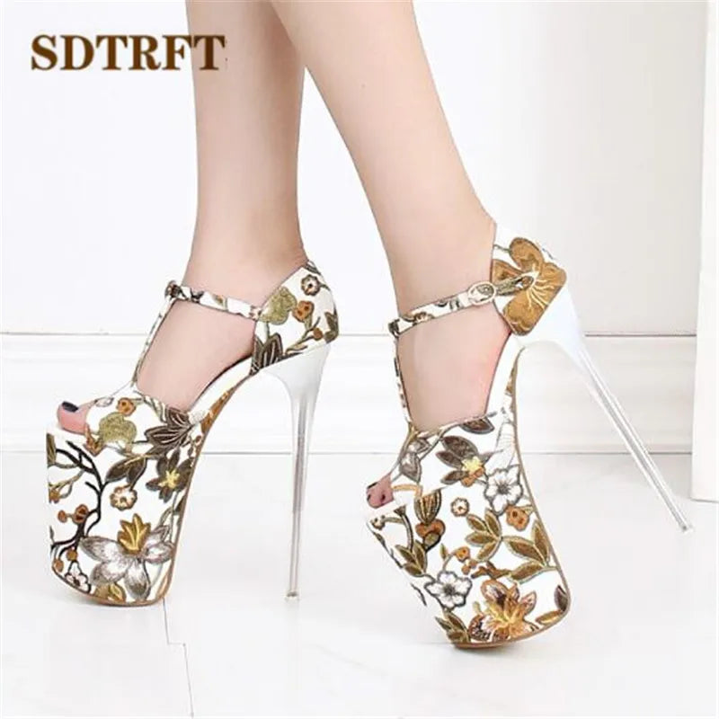 Luxurious Sandals Floral Print zapatos mujer T-strap Stilettos 20cm Thin High-Heeled shoes