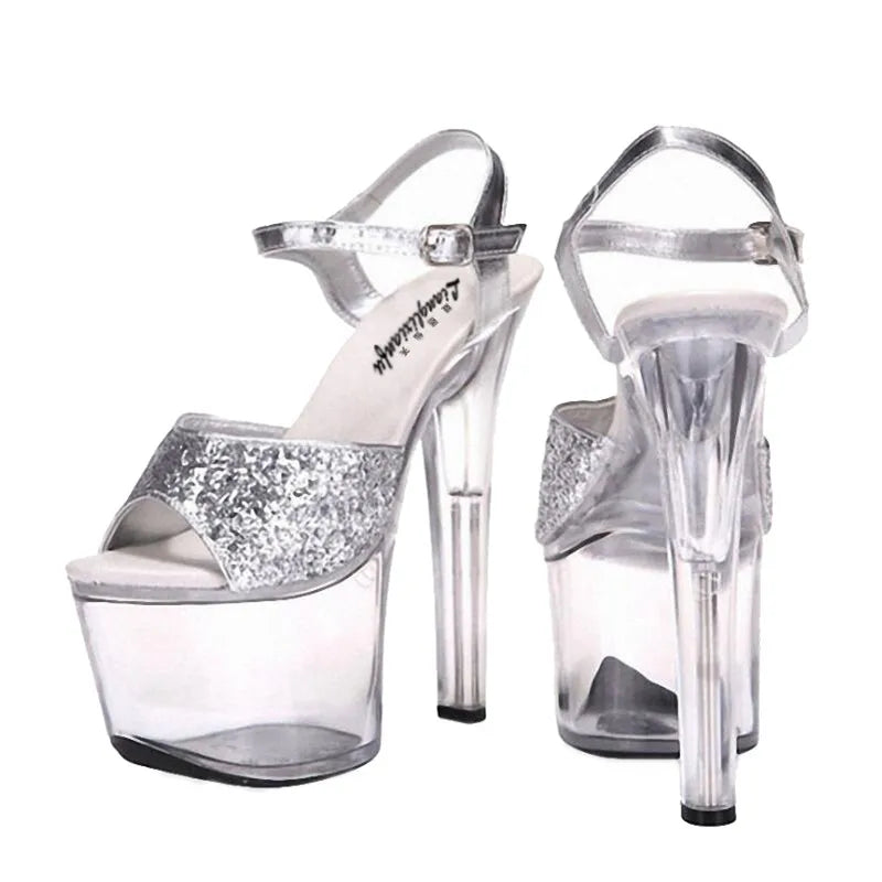 Plus:35-45 46 Fashion t silver sequins sandals female 17cm thin heels