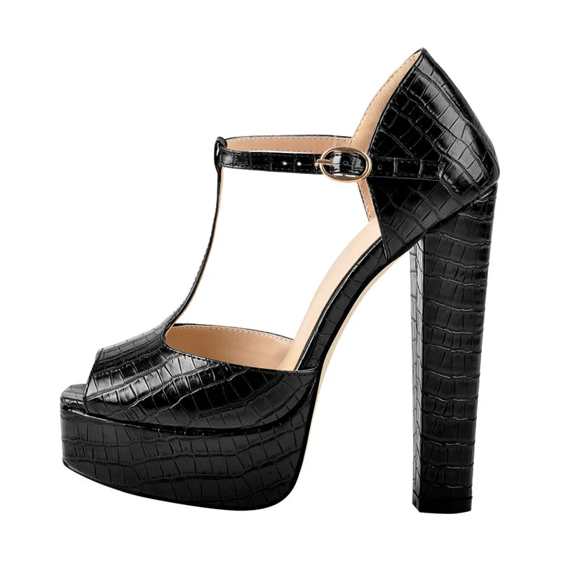 Women T-tied  Ankle Strap Peep Toe Platform Chuncky Black 15~16 CM High Heel Sandals