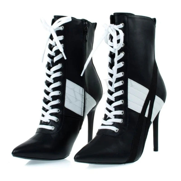 Women Black and White Lace Up Boots Back Zip High Heel Ankle Booties