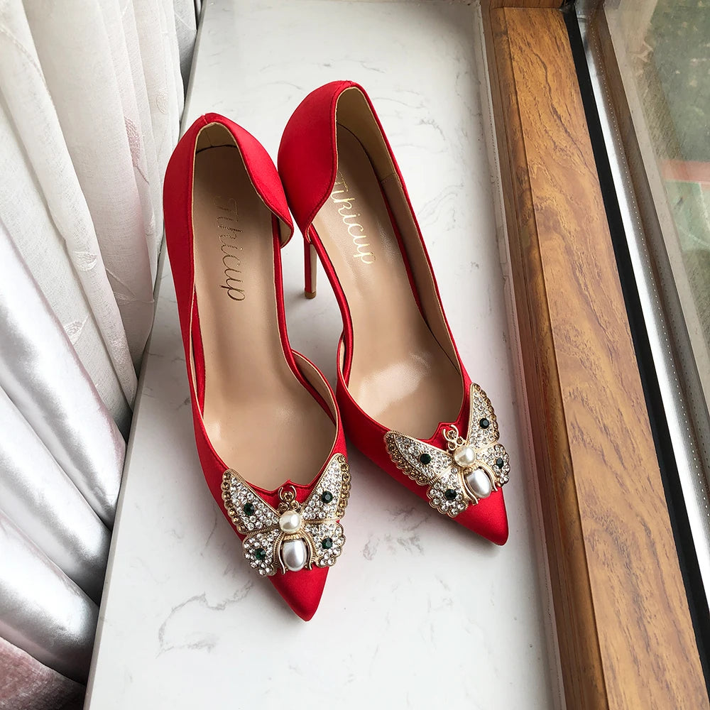 Glitter Bow Women Red Silk Satin High Heel Wedding Shoes