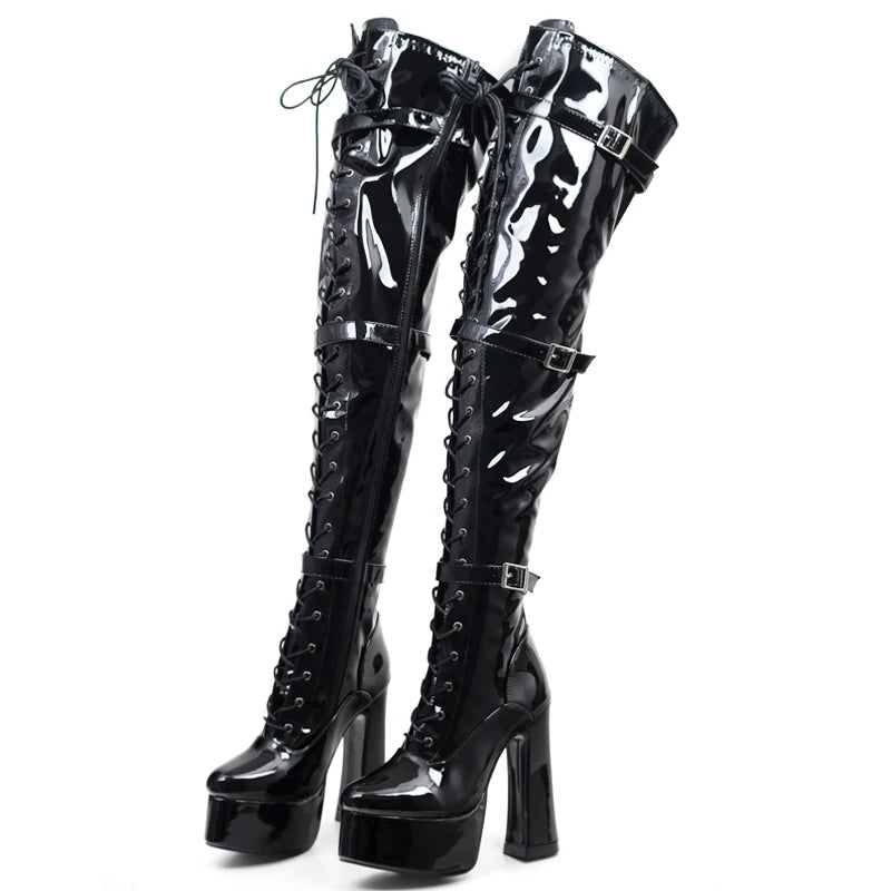 Women Thigh High Boots 15CM Block Heel Platform Cross-tied Over-the-Knee Long Boots